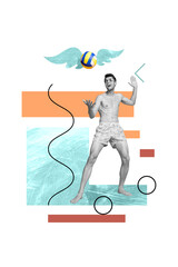 Vertical artwork collage young guy volleyball player resting fresh air seaside beach beat ball wear...
