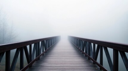 A mystical and surreal fog covered bridge stretching into the unknown