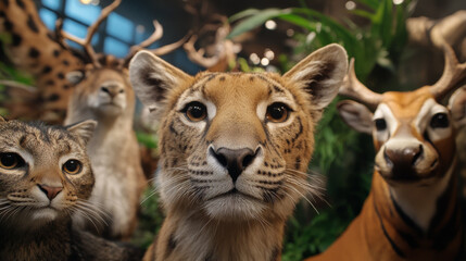 Obraz premium A collection of taxidermied exotic animals, displayed in a museum setting with detailed plaques explaining each species.