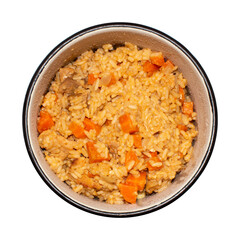 Uzbek pilaf with meat and spices.Pilaf with meat background.Rice with meat and seasonings.