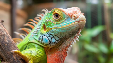 Fototapeta premium A friendly exotic pet adoption center, showcasing various animals like reptiles and birds in spacious enclosures, while families interact with the pets.