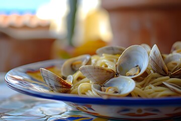 Zoom-in shot of spaghetti alle vongole, vibrant clams and parsley sprinkled on top, resting on a beautiful Sicilian tiled table, with hints of an old-world kitchen softly blurred behind