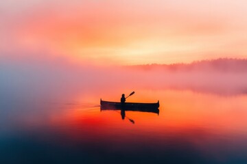 Single canoe paddler on tranquil misty lake during vibrant sunrise