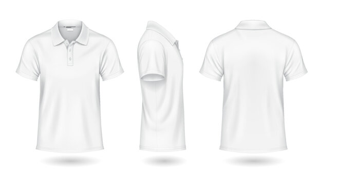 Casual white polo shirts front back and side view mockup design realistic vector illustration set. Classic t-shirt with copyspace 3d models on white background