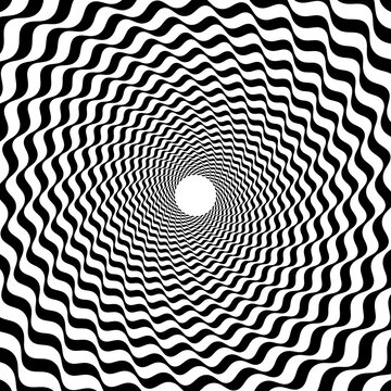 Psychedelic hypnotic pattern background of spiral swirl and vortex, vector illusion effect. Hypnotic tunnel with spiral circles and twirls or black white wave pattern for psychedelic optical illusion