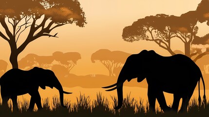 Obraz premium Silhouettes of elephants in a serene savanna at sunset.
