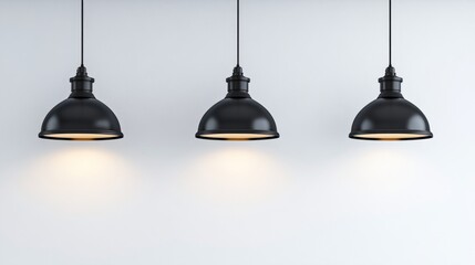 Obraz premium Modern black pendant lights hanging in a row against a blank white wall, creating a sleek and contemporary lighting mockup. 3D rendering.