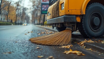 Street Cleaning Machine Sweeping Up Autumn Leaves