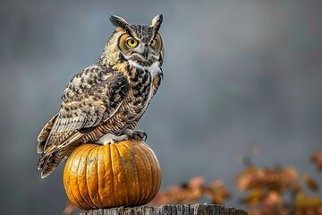 great horned owl perched on top of a carved Halloween pumpkin, creating a spooky yet elegant composition on a dark background