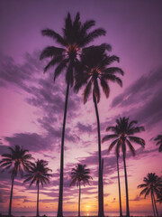 A peaceful tropical sky at dusk, with the sun setting behind a row of palm trees and the sky turning shades of purple and gold
