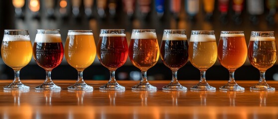 A colorful array of craft beers displayed in glasses on a bar during an evening tasting session at a brewery