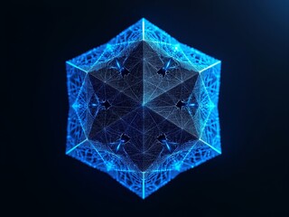 Radiant blue hexagonal polyhedron suspended in cosmic darkness. Complex geometric lattice structure emits ethereal azure glow. 
