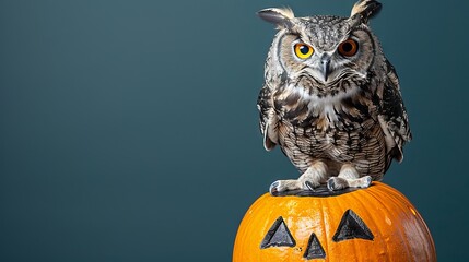 large owl on top of a carved Halloween pumpkin, with a dark, eerie background, representing spooky Halloween vibes