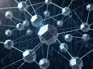 Abstract digital network visualization with glowing nodes and connecting lines against dark background. Geometric polygonal shapes form interconnected mesh structure. 