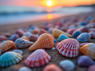 Colorful seashells scattered across sandy beach at golden hour. Pink and purple scallop shells mixed with smooth pebbles. 