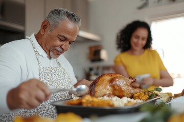 Family preparing Thanksgiving meal with turkey at the center.