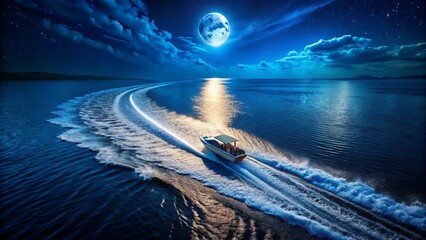 Aerial View of Speedboat Sailing Across a Glowing Night Sea