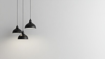 Obraz premium Simple and elegant black pendant lights hanging against a blank white wall, creating a modern lighting setup perfect for design mockups. 3D rendering.