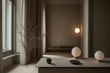 A serene interior featuring minimalist decor, soft lighting, and natural elements.