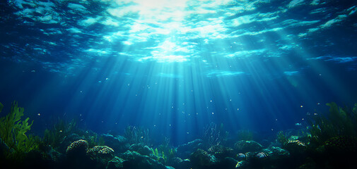 Fototapeta premium Underwater scene with sunlight rays illuminating a vibrant coral reef ecosystem