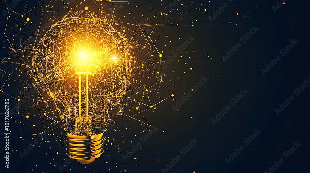 Poster a glowing light bulb made of connected lines and dots on a dark blue background, symbolizing innovat