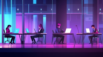 Diverse professionals working late in a vibrant, stylish office environment.