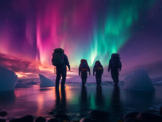 A group of travelers exploring Iceland's famous Jokulsarlon Glacier Lagoon under the Northern Lights, with icebergs glowing in the aurora light.