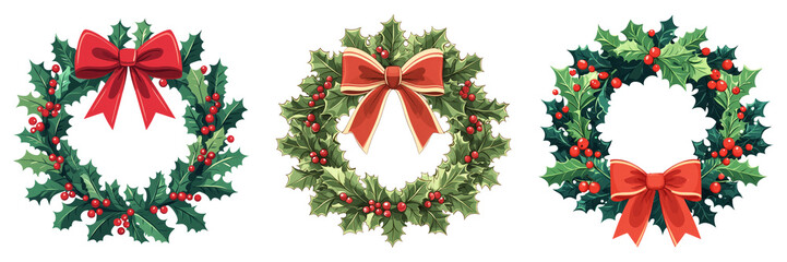 Christmas wreath with bow isolated on transparent background graphic PNG for holiday designs or Christmas illustrations