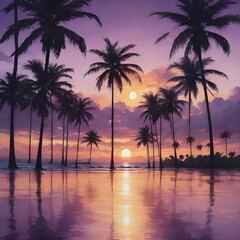 Obraz premium A peaceful tropical sky at dusk, with the sun setting behind a row of palm trees and the sky turning shades of purple and gold 