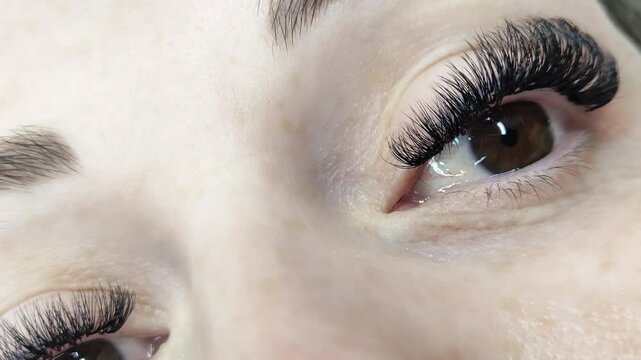 Close up of eye with eyelash extensions ,beauty salon treatment ,2d volume, 3d volume, classical lashes,Russian volume,megavolume, new set