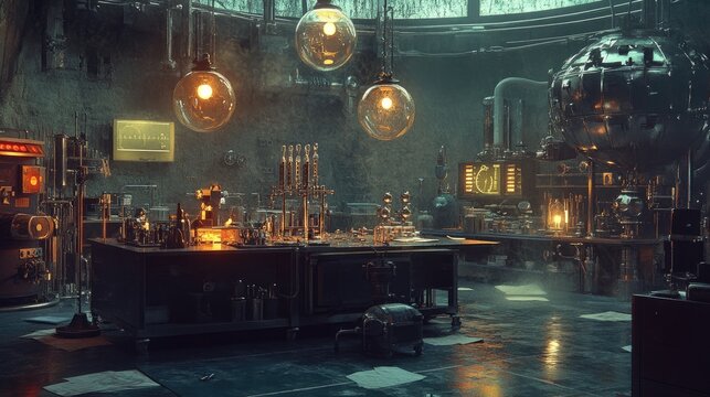 A dark and mysterious steampunk laboratory. This photo depicts an old-fashioned lab where scientific experimentation is taking place.