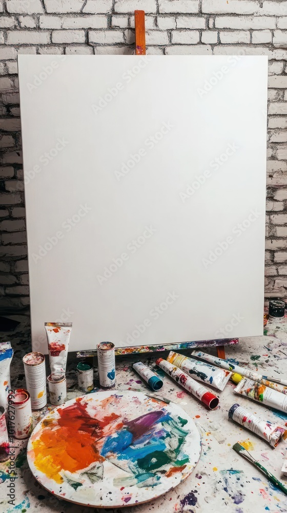 Poster A blank canvas surrounded by paint tubes and a palette, ready for artistic creation.