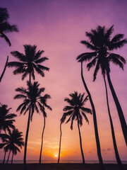 Obraz premium A peaceful tropical sky at dusk, with the sun setting behind a row of palm trees and the sky turning shades of purple and gold 