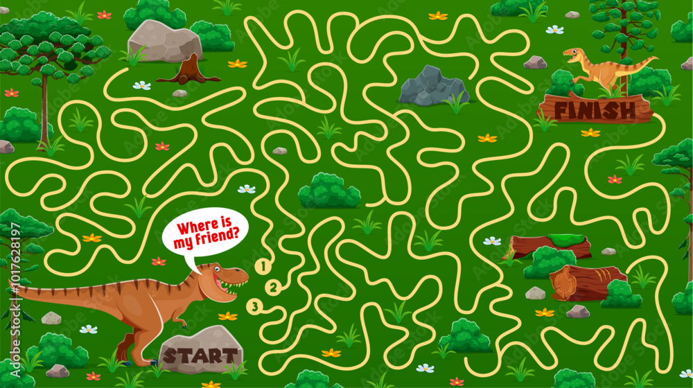 Poster Kids labyrinth maze game worksheet to help to dinosaur find his friend, vector quiz. Kids game labyrinth maze with path for T-rex dinosaur to find way to velociraptor dino character in Jurassic forest