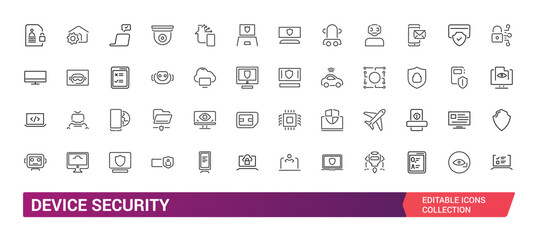 Device security icon set. Secure shield and Safe defense line icons. Safety risk, Computer security and Defense privacy icons.