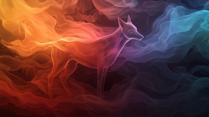 Obraz premium A mystical dog surrounded by colorful smoke in a dreamy atmosphere.