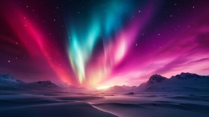 Obraz premium A breathtaking view of the Northern Lights dancing over a serene, snow-covered landscape, with vibrant colors illuminating the sky.