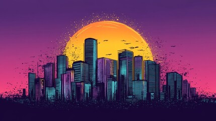 Fototapeta premium Colorful sunset over a vibrant city skyline with tall buildings and birds flying in the sky