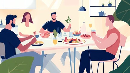 Fototapeta premium Diverse group enjoying a vibrant meal together in a cozy, bright setting.