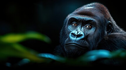 Obraz premium Gorilla portrait, natural habitat, dramatic lighting, attention focused.