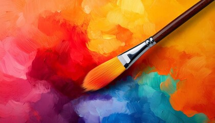 Fototapeta premium A vibrant paintbrush resting on a colorful, abstract paint background.