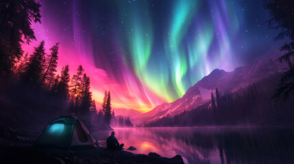 Fototapeta premium A peaceful scene of a couple camping under the Northern Lights, with the aurora reflecting off a nearby lake.