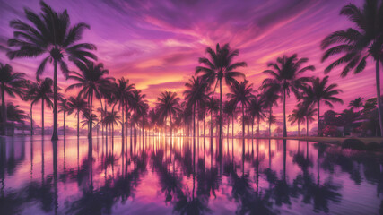 Obraz premium A peaceful tropical sky at dusk, with the sun setting behind a row of palm trees and the sky turning shades of purple and gold 