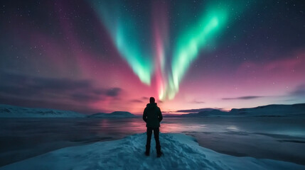 A photographer capturing the Northern Lights through a drone, with the aurora lighting up the vast, snow-covered landscape from above.