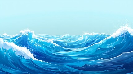 An illustration of blue ocean waves with white foam crests under a clear blue sky.