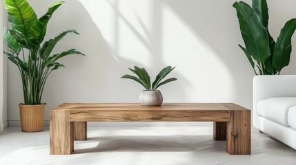 Fototapeta premium Wooden coffee table in living room. Perfect for interior design projects, home decor, or furniture catalogs.