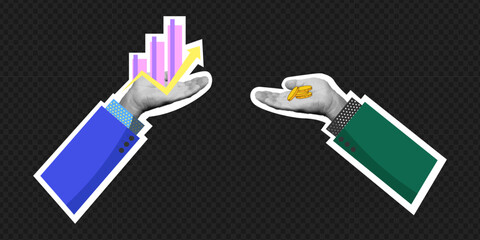 Business collage hands buy an idea for money. Vector illustration. A business idea.