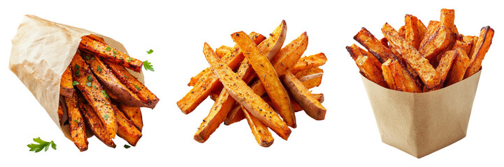 Sweet potato fries in paper wrap isolated on transparent background food PNG for snack designs or healthy recipe illustrations