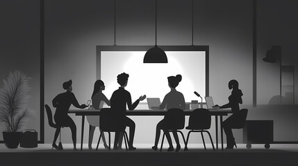 Silhouetted business meeting with diverse participants engaged in discussion.