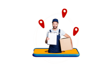 Exclusive magazine picture sketch collage image of smiling courier delivering online orders isolated yellow color background